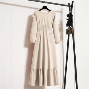 Women's clothing new long dress solid color pullover long sleeve waist a - word dress - Negative Apparel