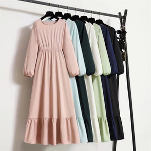Women's clothing new long dress solid color pullover long sleeve waist a - word dress - Negative Apparel