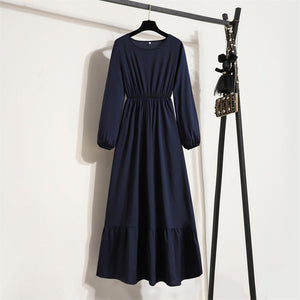 Women's clothing new long dress solid color pullover long sleeve waist a - word dress - Negative Apparel