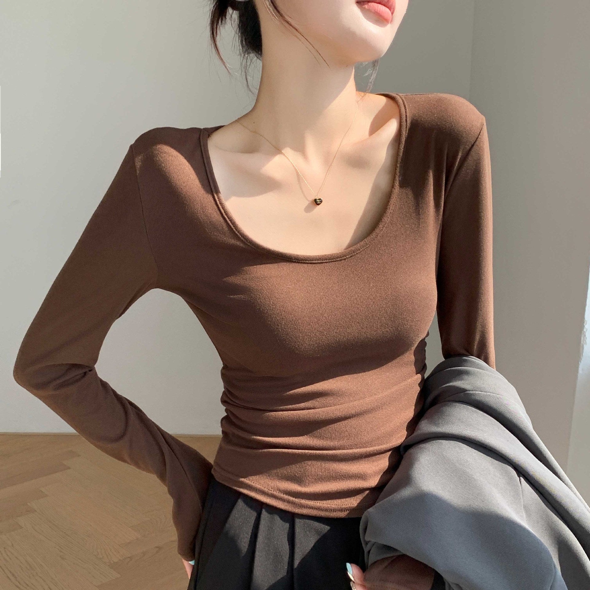 Women’s Coconut Velvet U - Neck Pleated Top – Slim Fit Polished Innerwear - Negative Apparel