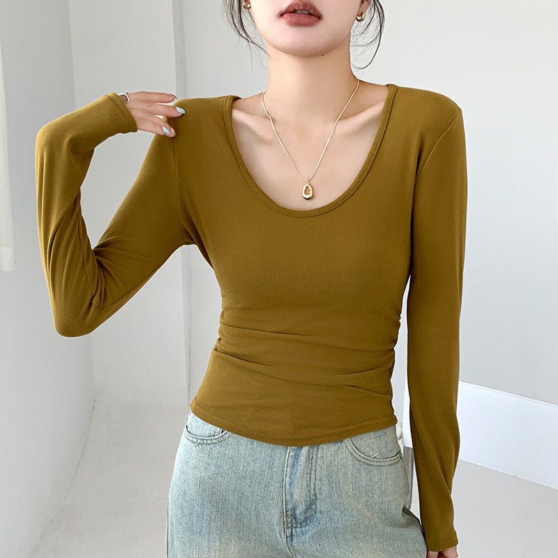 Women’s Coconut Velvet U - Neck Pleated Top – Slim Fit Polished Innerwear - Negative Apparel