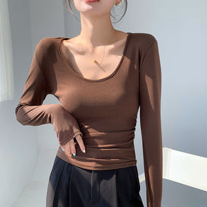 Women’s Coconut Velvet U - Neck Pleated Top – Slim Fit Polished Innerwear - Negative Apparel