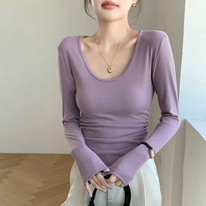 Women’s Coconut Velvet U - Neck Pleated Top – Slim Fit Polished Innerwear - Negative Apparel