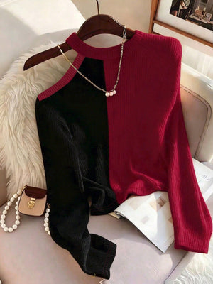 Women's Color Block Asymmetric Shoulder Long Sleeve T-Shirt, Ribbed Knit Top FD - Negative Apparel