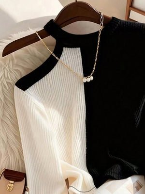 Women's Color Block Asymmetric Shoulder Long Sleeve T-Shirt, Ribbed Knit Top FD - Negative Apparel