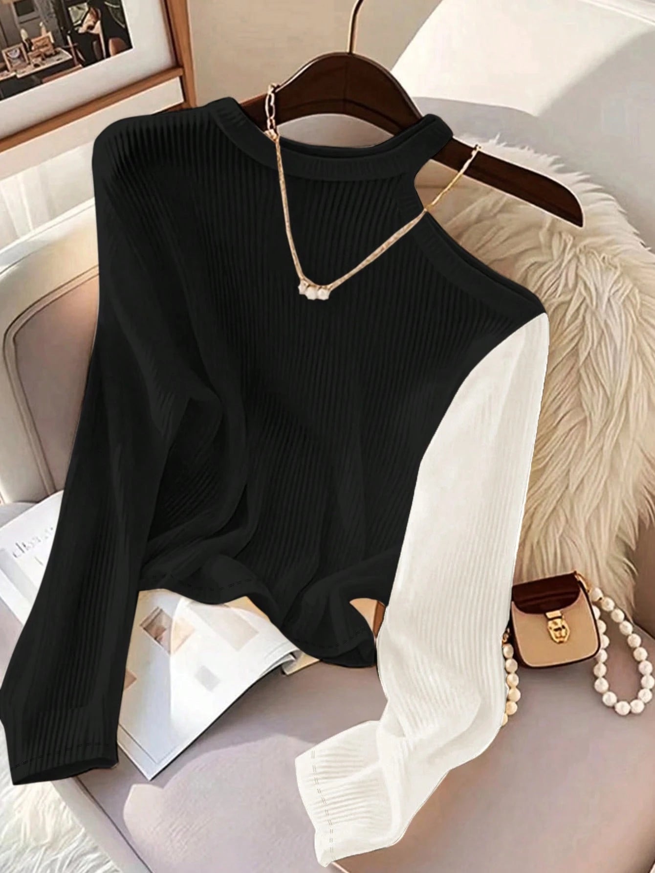 Women's Color Block Asymmetric Shoulder Long Sleeve T-Shirt, Ribbed Knit Top FD - Negative Apparel