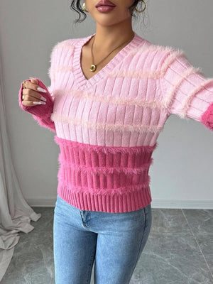 Women's Contrast Color V - Neck Long Sleeve Casual Loose Knit Sweater FD - Negative Apparel