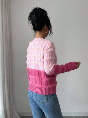 Women's Contrast Color V - Neck Long Sleeve Casual Loose Knit Sweater FD - Negative Apparel