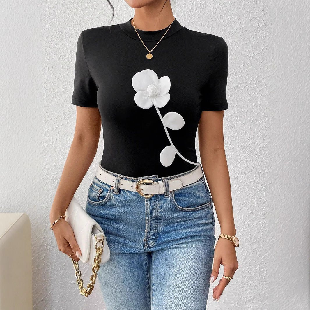 Women's contrasting color 3D flower embroidery slim - fitting short - sleeved T-shirt - Negative Apparel