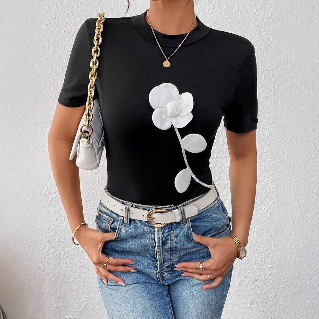 Women's contrasting color 3D flower embroidery slim - fitting short - sleeved T-shirt - Negative Apparel