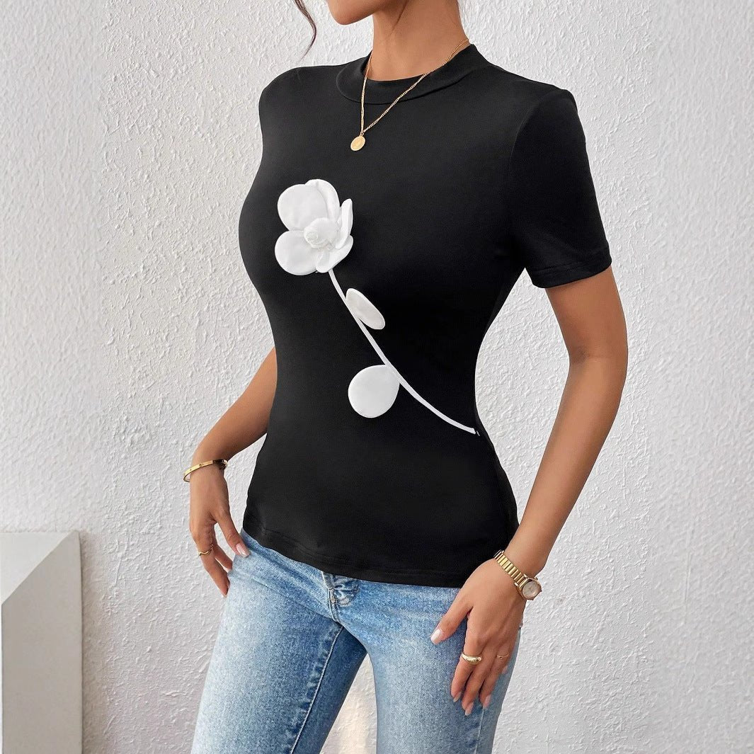 Women's contrasting color 3D flower embroidery slim - fitting short - sleeved T-shirt - Negative Apparel