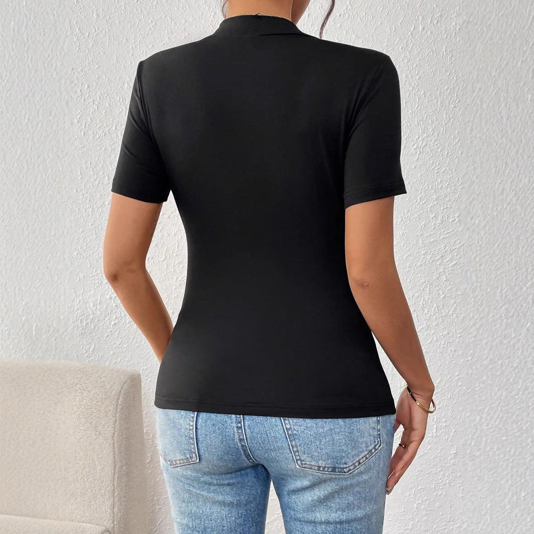 Women's contrasting color 3D flower embroidery slim - fitting short - sleeved T-shirt - Negative Apparel