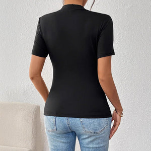 Women's contrasting color 3D flower embroidery slim - fitting short - sleeved T-shirt - Negative Apparel