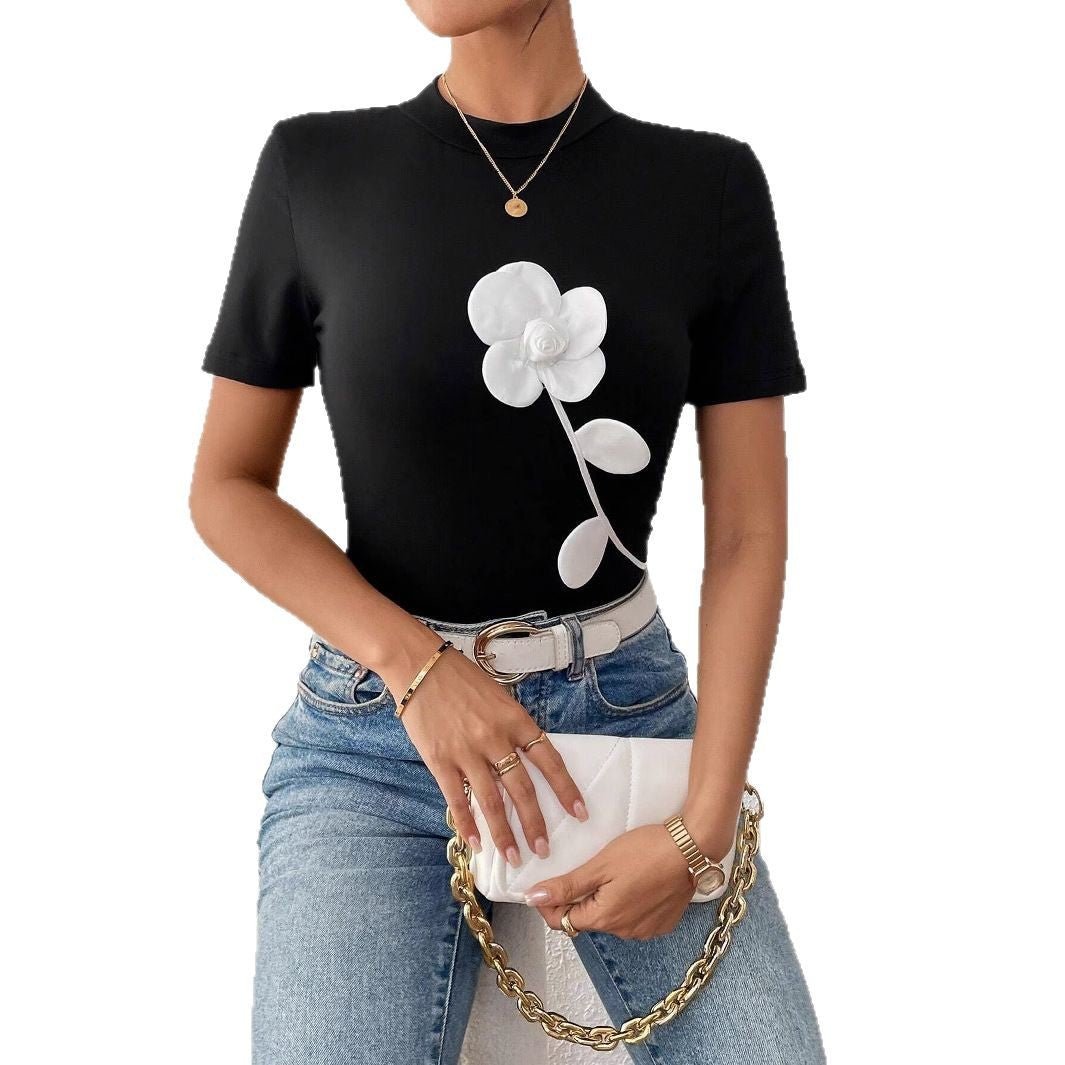Women's contrasting color 3D flower embroidery slim - fitting short - sleeved T-shirt - Negative Apparel