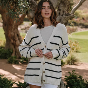 Women’s Cotton Color - Block Cardigan | Loose V - Neck Knit Sweater | Japanese Casual Style | Summer 2025 - Negative Apparel