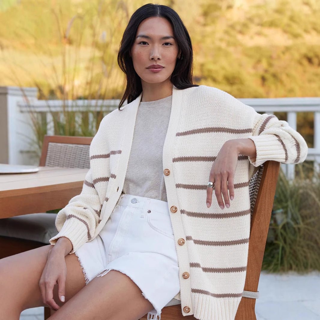 Women’s Cotton Color - Block Cardigan | Loose V - Neck Knit Sweater | Japanese Casual Style | Summer 2025 - Negative Apparel