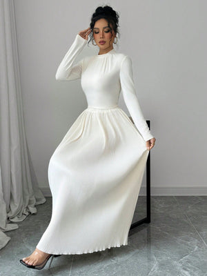 Women's Cream - Colored Round Neck Long Sleeve T-Shirt And Loose Pleated Maxi Skirt Elegant 2 - Piece Set - Negative Apparel