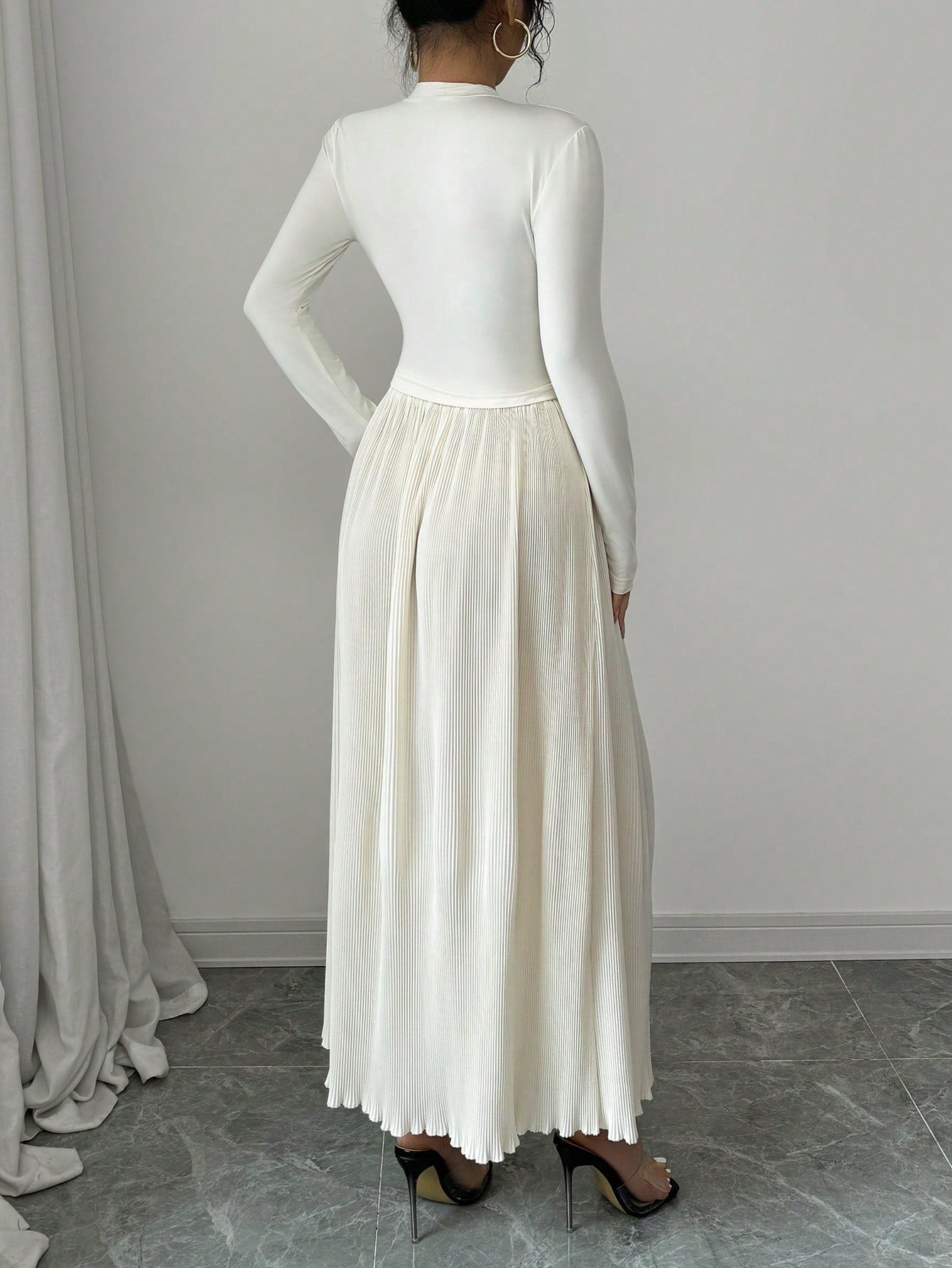 Women's Cream - Colored Round Neck Long Sleeve T-Shirt And Loose Pleated Maxi Skirt Elegant 2 - Piece Set - Negative Apparel