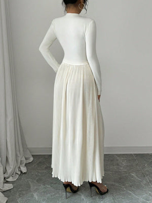 Women's Cream - Colored Round Neck Long Sleeve T-Shirt And Loose Pleated Maxi Skirt Elegant 2 - Piece Set - Negative Apparel