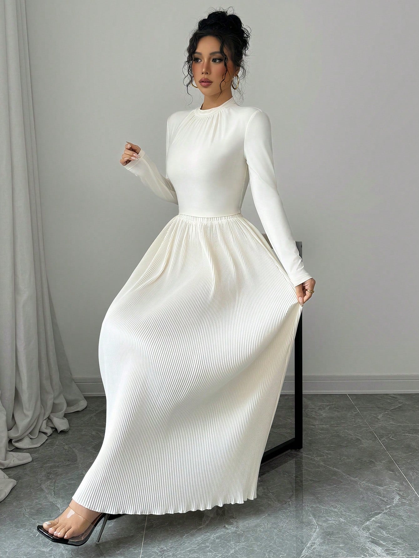 Women's Cream - Colored Round Neck Long Sleeve T-Shirt And Loose Pleated Maxi Skirt Elegant 2 - Piece Set - Negative Apparel