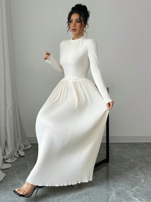 Women's Cream - Colored Round Neck Long Sleeve T-Shirt And Loose Pleated Maxi Skirt Elegant 2 - Piece Set - Negative Apparel