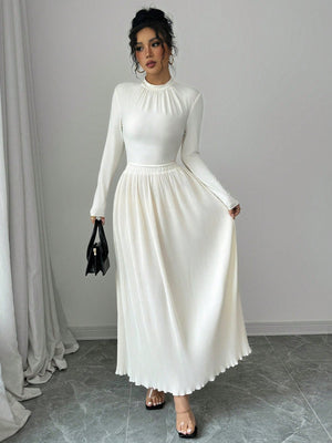Women's Cream - Colored Round Neck Long Sleeve T-Shirt And Loose Pleated Maxi Skirt Elegant 2 - Piece Set - Negative Apparel