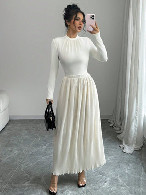 Women's Cream - Colored Round Neck Long Sleeve T-Shirt And Loose Pleated Maxi Skirt Elegant 2 - Piece Set - Negative Apparel