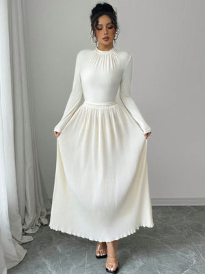 Women's Cream - Colored Round Neck Long Sleeve T-Shirt And Loose Pleated Maxi Skirt Elegant 2 - Piece Set - Negative Apparel