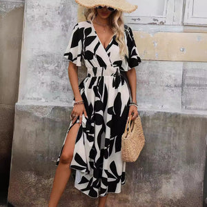 Women's cross - waist - flower printed split - ended dress - Negative Apparel