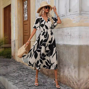 Women's cross - waist - flower printed split - ended dress - Negative Apparel