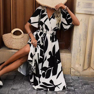 Women's cross - waist - flower printed split - ended dress - Negative Apparel