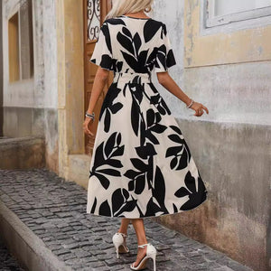 Women's cross - waist - flower printed split - ended dress - Negative Apparel