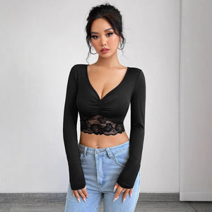 Women's deep V - neck long - sleeved lace patchwork pleated short T-shirt - Negative Apparel