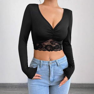 Women's deep V - neck long - sleeved lace patchwork pleated short T-shirt - Negative Apparel