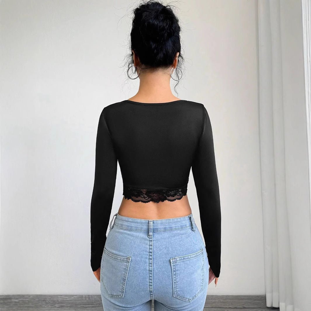 Women's deep V - neck long - sleeved lace patchwork pleated short T-shirt - Negative Apparel