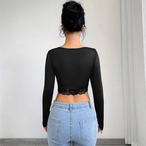 Women's deep V - neck long - sleeved lace patchwork pleated short T-shirt - Negative Apparel