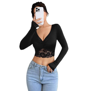 Women's deep V - neck long - sleeved lace patchwork pleated short T-shirt - Negative Apparel