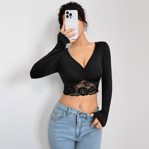 Women's deep V - neck long - sleeved lace patchwork pleated short T-shirt - Negative Apparel