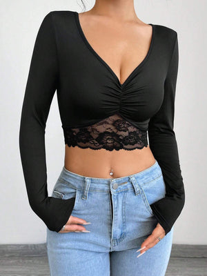 Women's deep V - neck long - sleeved lace patchwork pleated short T-shirt - Negative Apparel