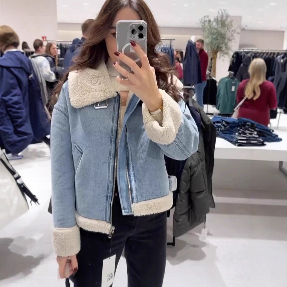 Women’s Denim Color - Block Casual Jacket | Loose Lapel Zip - Up Korean Style Short Coat - Negative Apparel