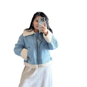 Women’s Denim Color - Block Casual Jacket | Loose Lapel Zip - Up Korean Style Short Coat - Negative Apparel