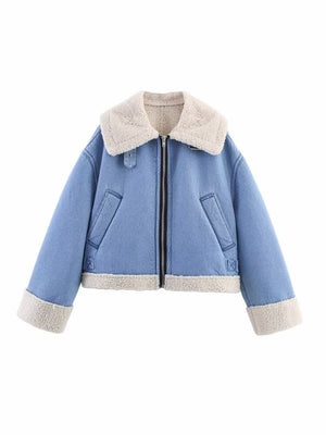 Women’s Denim Color - Block Casual Jacket | Loose Lapel Zip - Up Korean Style Short Coat - Negative Apparel