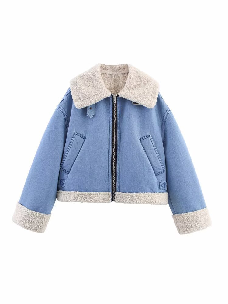 Women’s Denim Color - Block Casual Jacket | Loose Lapel Zip - Up Korean Style Short Coat - Negative Apparel
