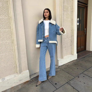 Women’s Denim Color - Block Casual Jacket | Loose Lapel Zip - Up Korean Style Short Coat - Negative Apparel