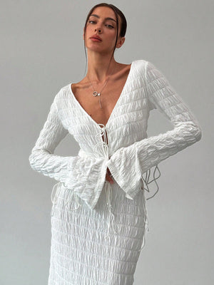 Women's Elegant And Chic V Neck Tie Front Crop Top And Low Rise Low Waist Textured Skirt Two Piece Set Long Sleeve Shirt With Skirt Sets Women Skirt Set Fall Women Skirts Casual Two Piece SetFall Two Piece Sets - Negative Apparel