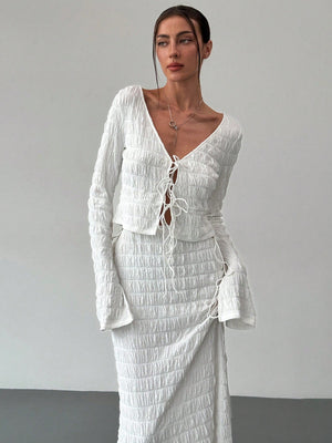 Women's Elegant And Chic V Neck Tie Front Crop Top And Low Rise Low Waist Textured Skirt Two Piece Set Long Sleeve Shirt With Skirt Sets Women Skirt Set Fall Women Skirts Casual Two Piece SetFall Two Piece Sets - Negative Apparel