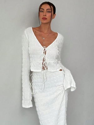 Women's Elegant And Chic V Neck Tie Front Crop Top And Low Rise Low Waist Textured Skirt Two Piece Set Long Sleeve Shirt With Skirt Sets Women Skirt Set Fall Women Skirts Casual Two Piece SetFall Two Piece Sets - Negative Apparel