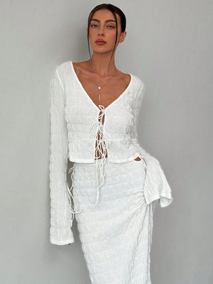 Women's Elegant And Chic V Neck Tie Front Crop Top And Low Rise Low Waist Textured Skirt Two Piece Set Long Sleeve Shirt With Skirt Sets Women Skirt Set Fall Women Skirts Casual Two Piece SetFall Two Piece Sets - Negative Apparel