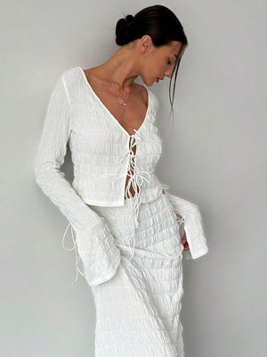 Women's Elegant And Chic V Neck Tie Front Crop Top And Low Rise Low Waist Textured Skirt Two Piece Set Long Sleeve Shirt With Skirt Sets Women Skirt Set Fall Women Skirts Casual Two Piece SetFall Two Piece Sets - Negative Apparel