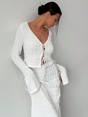 Women's Elegant And Chic V Neck Tie Front Crop Top And Low Rise Low Waist Textured Skirt Two Piece Set Long Sleeve Shirt With Skirt Sets Women Skirt Set Fall Women Skirts Casual Two Piece SetFall Two Piece Sets - Negative Apparel